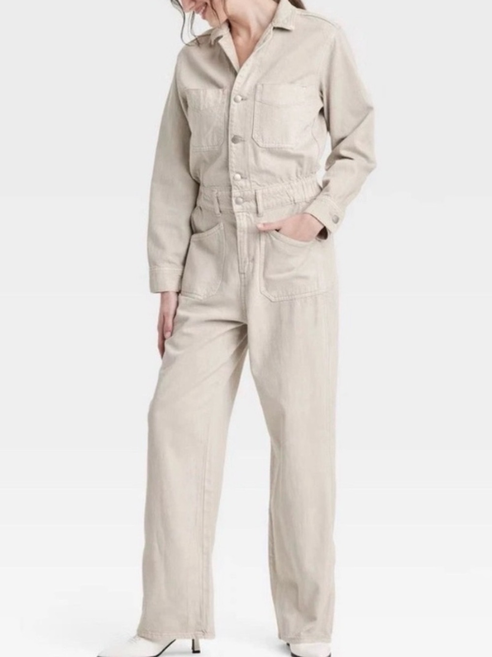 Universal Thread Beige Cotton Utility Jumpsuit with Front Pockets, 8